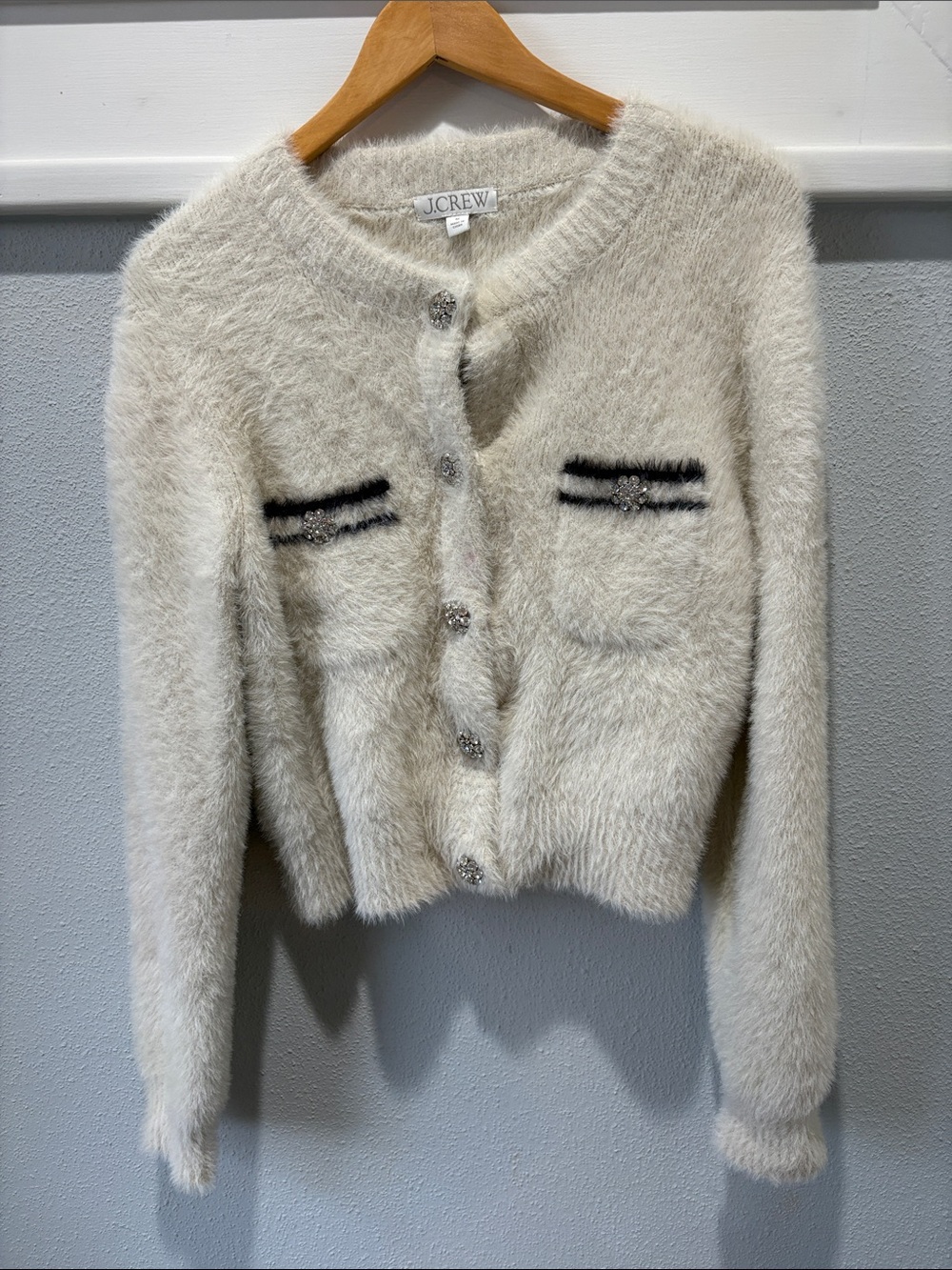 J. Crew Cream Fuzzy Button-Front Cardigan with Black Trim